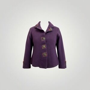 Nomadic Traders Boiled Wool Jacket Women Large Purple Embroidered Cardigan Folk